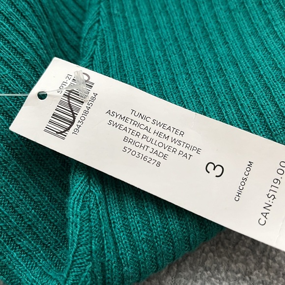 Chicos Tunic Asymetrical Sweater XL Stripe Green Ribbed Knit Mature Artsy - Picture 3 of 10